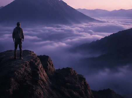A person looking across a mountain landscape above the clouds